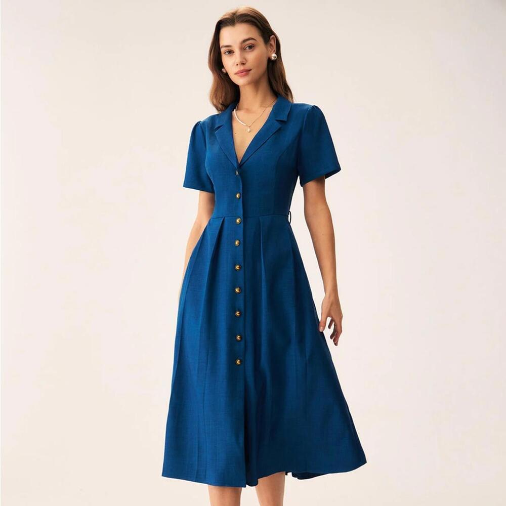 RIHOAS Blue V Neck Pleated Button Midi Dress XS